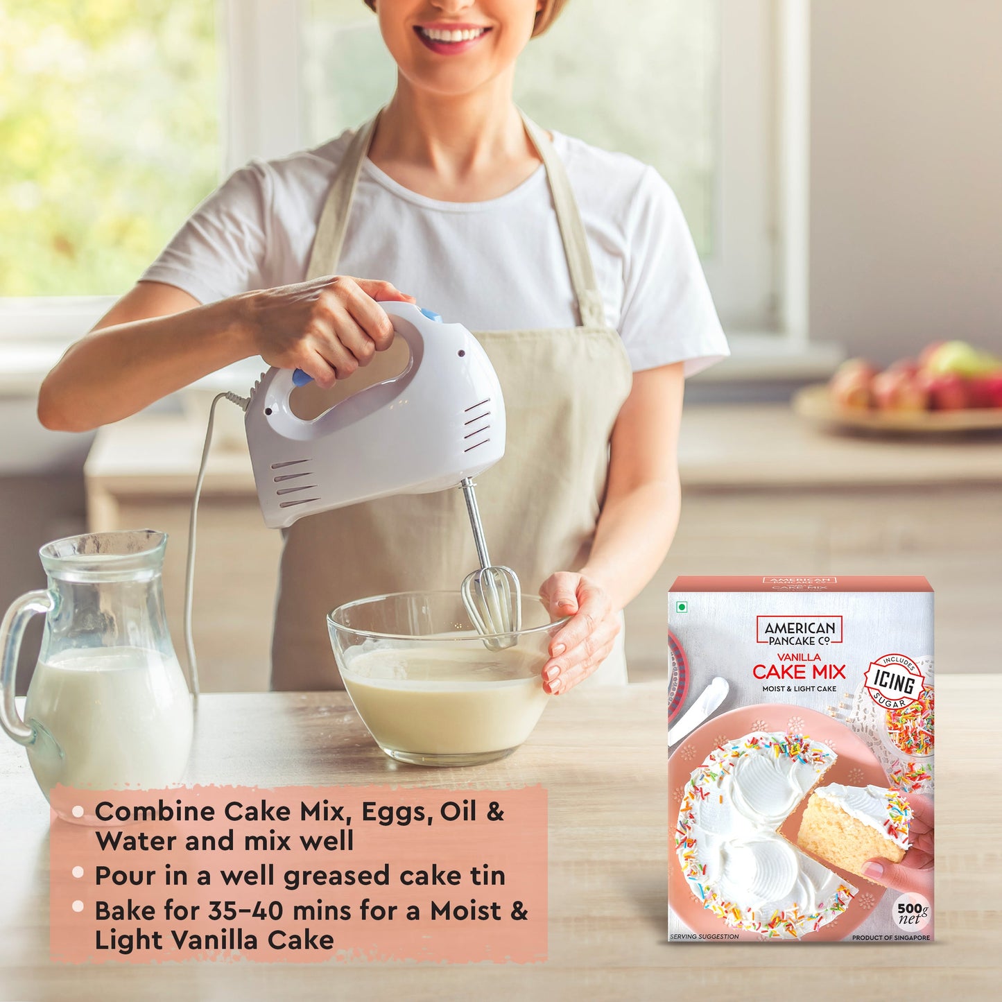 Moist & Light, Vanilla Cake Mix | Includes Icing Sugar Sachets | Eggless | Product of Singapore |