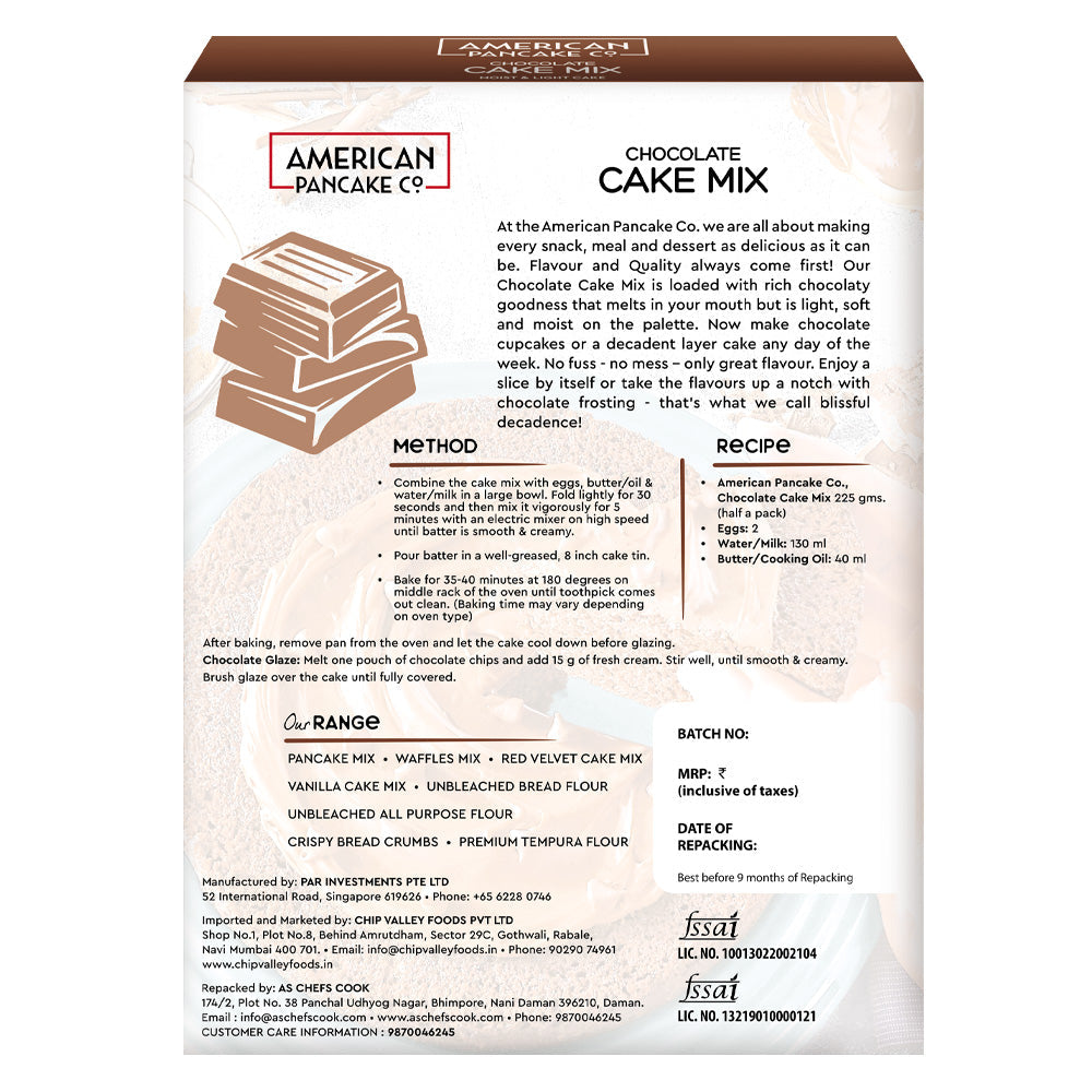 Moist & Light Chocolate Cake Mix  (500g) | Includes Chocolate Chips | Eggless | Product of Singapore |